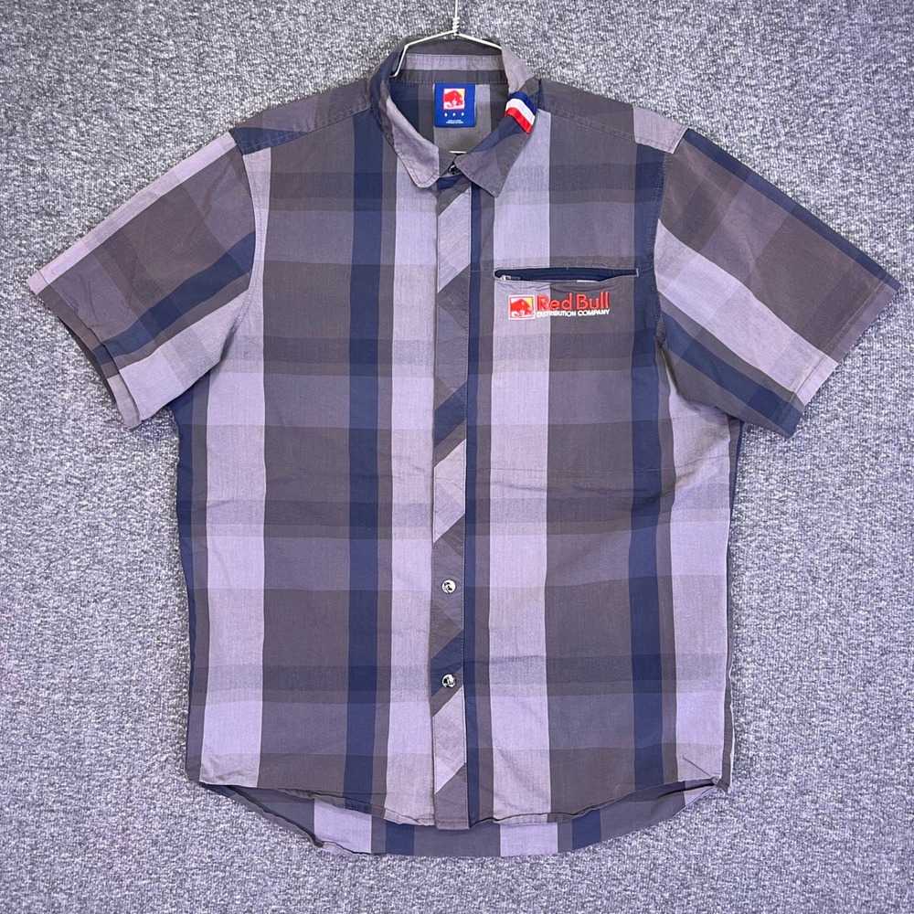 Red Bull Distribution Snap Shirt Men S Grey Plaid Casual Workwear Racing Utility